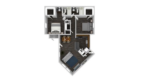 A 3D layout of a house with a kitchen, living room, and bathroom.
